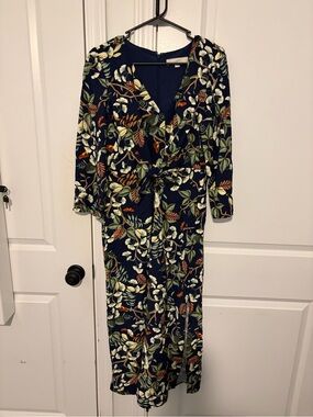 LOFT Navy Floral Wrap Dress with Green and Cream Leaf Print